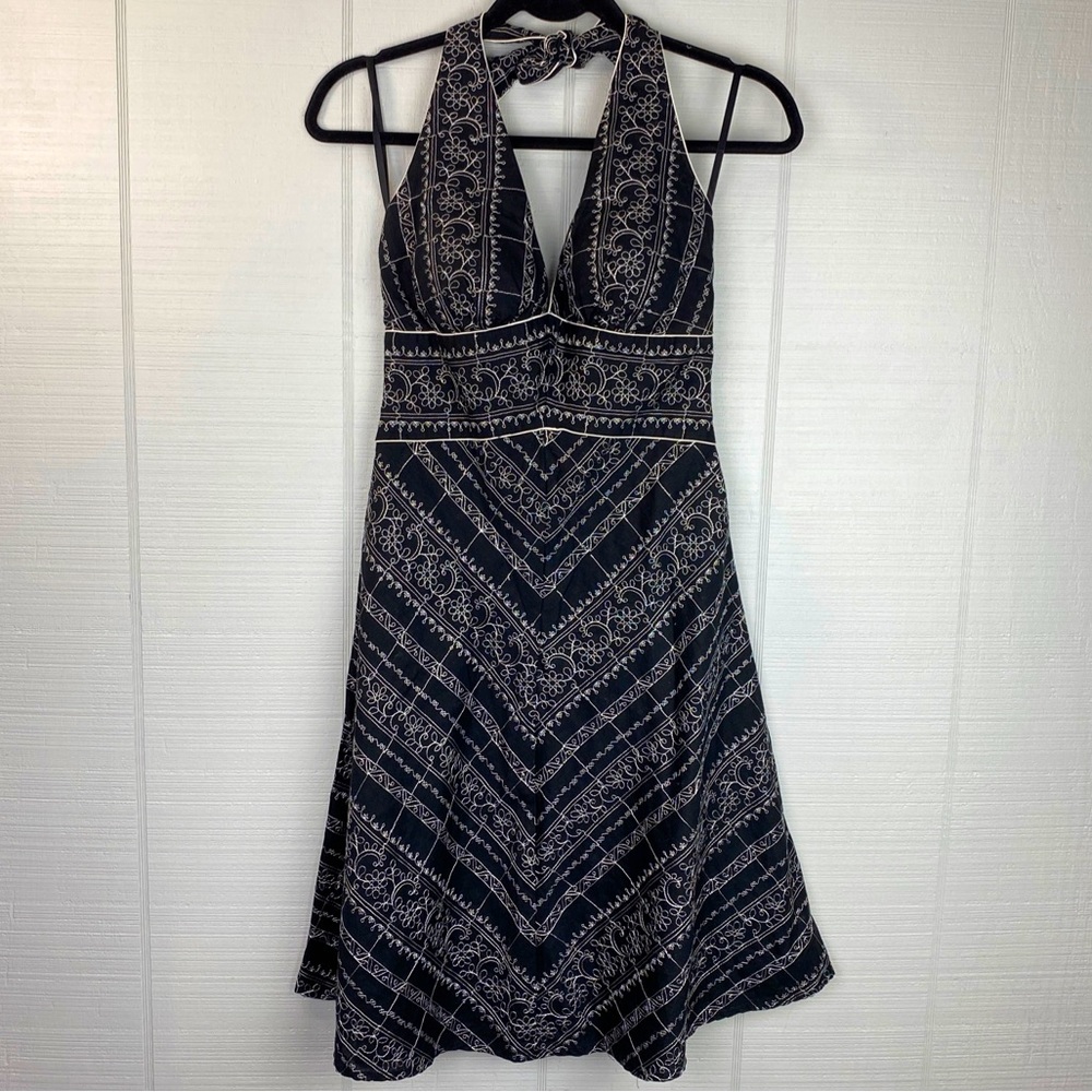 White House Black Market Floral Embroidered V-neck Halter Tie Top A-line Dress 2